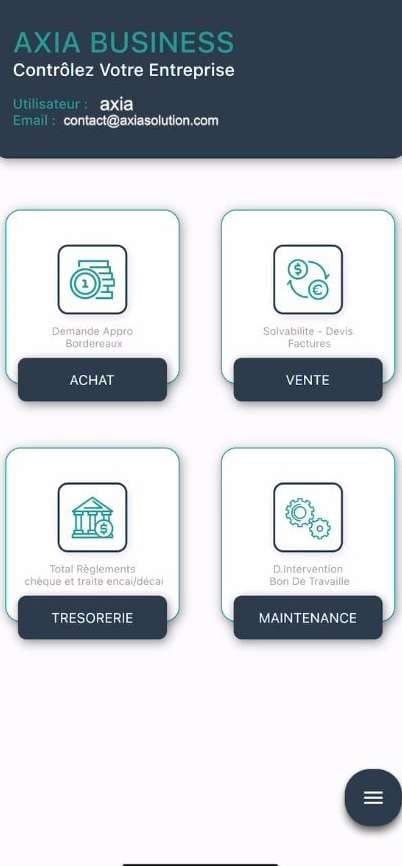Écran d’accueil de l’application mobile AXIA Business